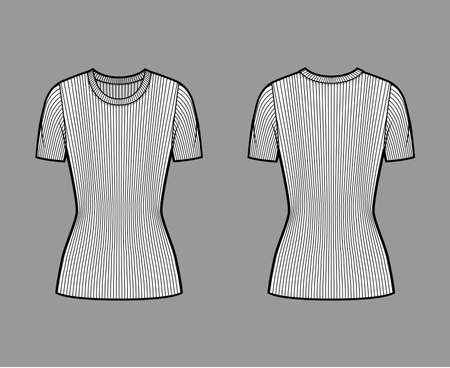 Ribbed crew neck knit sweater technical fashion illustration with short rib sleeves, close-fitting shape. Flat outwear apparel template front, back white color. Women, men, unisex shirt top CADのイラスト素材