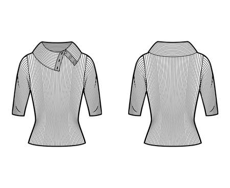 Wide button-up turtleneck ribbed-knit sweater technical fashion illustration with elbow sleeves, close-fitting shape. Flat sweater apparel template front, back white color. Women, men unisex shirt topのイラスト素材