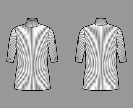 Turtleneck ribbed-knit sweater technical fashion illustration with elbow sleeves, oversized body, tunic length. Flat sweater apparel template front back white color. Women, men unisex shirt top mockupのイラスト素材