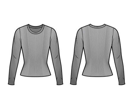 Ribbed crew neck knit sweater technical fashion illustration with long sleeves, close-fitting shape. Flat outwear apparel template front, back grey color. Women men, unisex shirt top CAD mockupのイラスト素材