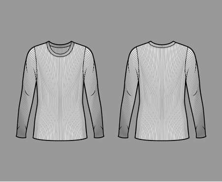 Ribbed crew neck knit sweater technical fashion illustration with long sleeves, oversized body, tunic length. Flat outwear apparel template front back white color. Women men unisex shirt top CADのイラスト素材