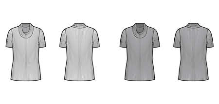 Ribbed cowl turtleneck knit sweater technical fashion illustration with short rib sleeves, oversized tunic length. Flat outwear apparel template front back white grey color. Women men unisex shirt topのイラスト素材