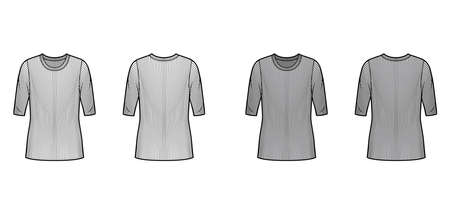 Ribbed crew neck knit sweater technical fashion illustration with elbow sleeves, oversized body, tunic length. Flat outwear apparel template front, back white grey color. Women, men unisex shirt topのイラスト素材