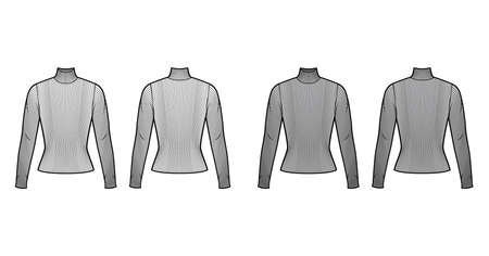 Turtleneck ribbed-knit sweater technical fashion illustration with long sleeves, close-fitting shape. Flat sweater apparel template front, back white grey color. Women men, unisex shirt top CAD mockupのイラスト素材