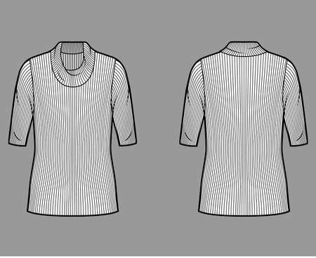 Ribbed cowl turtleneck knit sweater technical fashion illustration with elbow sleeves, oversized body, tunic length. Flat sweater apparel template front, back white color. Women, men unisex shirt topのイラスト素材