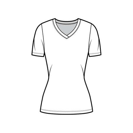 V-neck jersey t-shirt technical fashion illustration with short sleeves, tunic length. Flat sweater apparel template front, white color. Women, men, unisex outwear top CAD mockupのイラスト素材