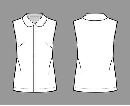 Blouse technical fashion illustration with round collar, sleeveless, loose silhouette, front button fastenings. Flat shirt apparel template front, back white color. Women, men unisex top CAD mockupのイラスト素材