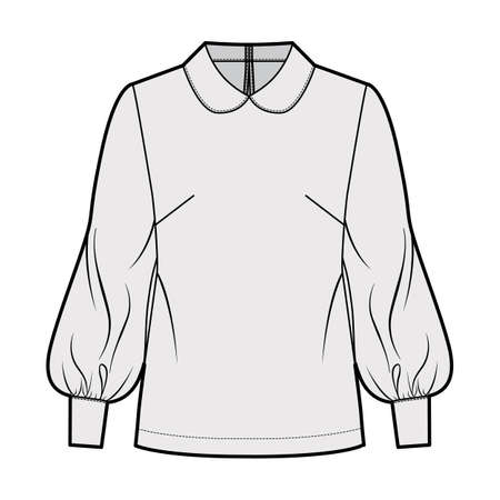Long bishop sleeve blouse technical fashion illustration with round collar, back button-fastening keyhole. Flat shirt apparel template front, grey color. Women, men unisex top CAD mockupのイラスト素材