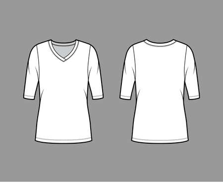 V-neck jersey sweater technical fashion illustration with elbow sleeves, oversized body, tunic length. Flat outwear apparel template front, back white color. Women, men unisex shirt top CAD mockupのイラスト素材