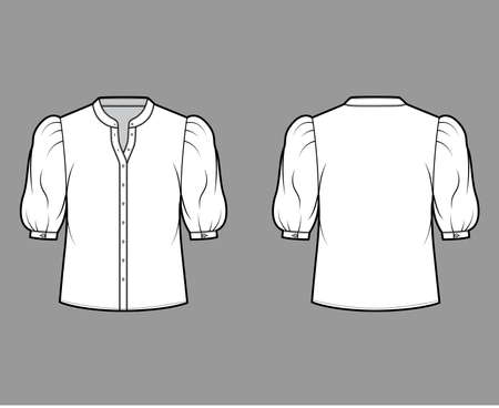 Stand collar shirt technical fashion illustration with elbow puff sleeve, front button-fastening, loose silhouette. Flat apparel blouse template front back white color. Women men unisex top CAD mockupのイラスト素材