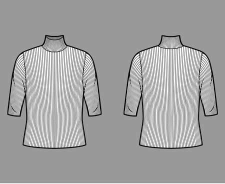 Turtleneck ribbed-knit sweater technical fashion illustration with elbow sleeves, oversized body. Flat sweater apparel template front, back white color. Women, men unisex shirt topのイラスト素材