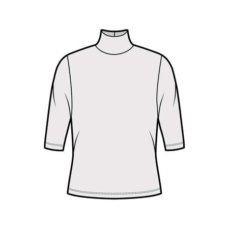 Turtleneck jersey sweater technical fashion illustration with elbow sleeves, oversized body. Flat outwear apparel template front, grey color. Women, men unisex shirt top CAD mockupのイラスト素材
