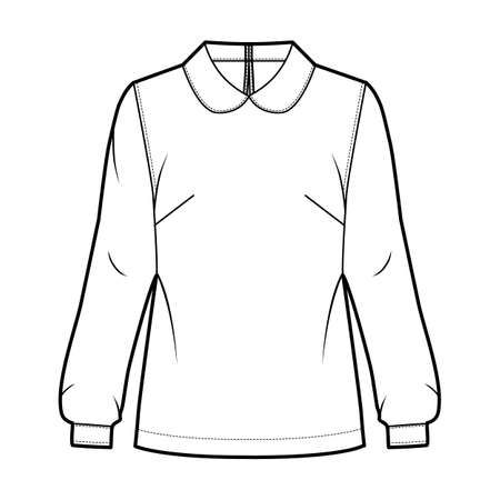 Round collar blouse technical fashion illustration with loose silhouette, long shirt sleeve, back button-fastening keyhole. Flat apparel template front, white color. Women, men unisex top CAD mockupのイラスト素材