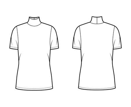 Turtleneck jersey sweater technical fashion illustration with short sleeves, oversized body tunic length. Flat outwear apparel template front back white color. Women men unisex shirt top CAD mockupのイラスト素材