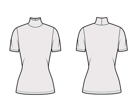 Turtleneck jersey sweater technical fashion illustration with short sleeves, tunic length. Flat outwear apparel template front, back grey color. Women, men, unisex shirt top CAD mockupのイラスト素材
