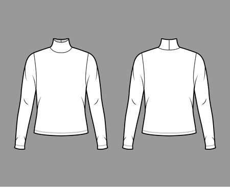 Turtleneck jersey sweater technical fashion illustration with long sleeves, oversized body. Flat outwear apparel template front back white color. Women men unisex shirt top CAD mockupのイラスト素材