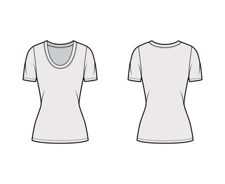 Scoop neck jersey t-shirt technical fashion illustration with short sleeves, close-fitting shape tunic length. Flat apparel template front, back grey color. Women, men, unisex outfit top CAD mockupのイラスト素材