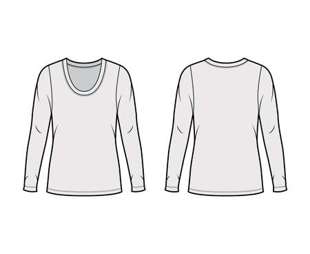 Scoop neck jersey sweater technical fashion illustration with long sleeves, oversized body, tunic length. Flat shirt apparel template front back grey color. Women men unisex outfit top CAD mockupのイラスト素材