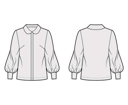 Long bishop sleeve shirt technical fashion illustration with round collar, front button-fastening, loose silhouette. Flat blouse apparel template front back grey color. Women men unisex top CAD mockupのイラスト素材