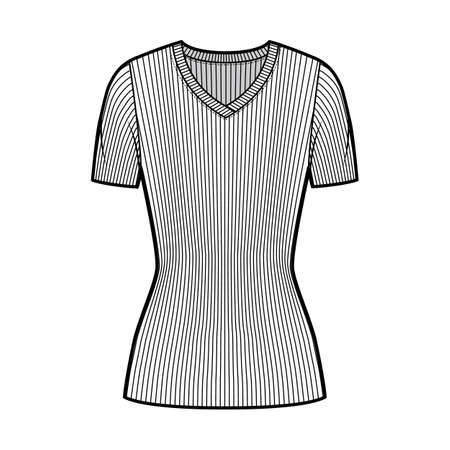 Ribbed V-neck knit sweater technical fashion illustration with short rib sleeves, tunic length. Flat outwear apparel template front, white color. Women, men, unisex shirt top CAD mockupのイラスト素材