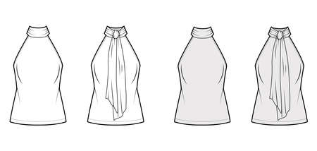 Halterneck top technical fashion illustration with semi-fitted body, ties pussy-bow at neck, sleeveless. Flat blouse apparel template front, back, white grey color. Women, men unisex shirt CAD mockupのイラスト素材