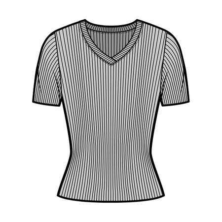 Ribbed V-neck knit sweater technical fashion illustration with short rib sleeves, close-fitting shape. Flat outwear apparel template front, grey color. Women, men, unisex shirt top CAD mockupのイラスト素材