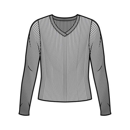 Ribbed V-neck knit sweater technical fashion illustration with long sleeves, oversized body. Flat outwear apparel template front grey color. Women men unisex shirt top CAD mockupのイラスト素材
