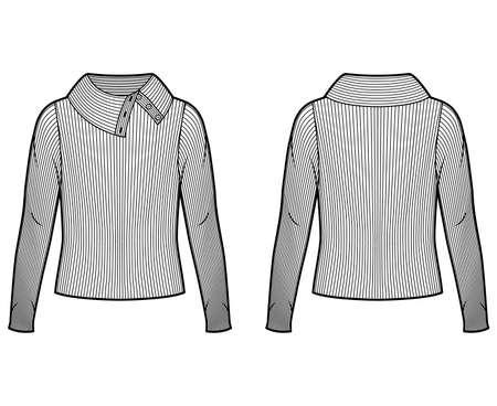 Wide button-up turtleneck ribbed-knit sweater technical fashion illustration with long sleeves, oversized. Flat sweater apparel template front back white color. Women men unisex shirt top CAD mockupのイラスト素材