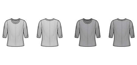 Ribbed crew neck knit sweater technical fashion illustration with elbow sleeves, oversized body. Flat outwear apparel template front, back white grey color. Women, men unisex shirt top CAD mockupのイラスト素材