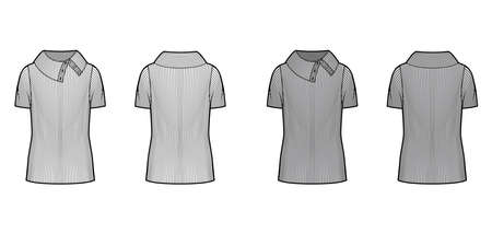 Wide button-up turtleneck ribbed-knit sweater technical fashion illustration with short sleeves, oversized, tunic length. Flat sweater apparel template front back white grey color. Women men unisexのイラスト素材