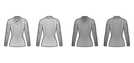 Ribbed cowl turtleneck knit sweater technical fashion illustration with long sleeves, close shape, tunic length. Flat sweater apparel template front back white grey color. Women men unisex shirt topのイラスト素材