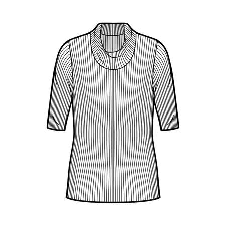 Ribbed cowl turtleneck knit sweater technical fashion illustration with elbow sleeves, oversized body, tunic length. Flat sweater apparel template front, white color. Women, men unisex shirt topのイラスト素材