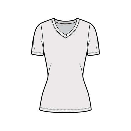 V-neck jersey t-shirt technical fashion illustration with short sleeves, tunic length. Flat sweater apparel template front, grey color. Women, men, unisex outwear top CAD mockupのイラスト素材