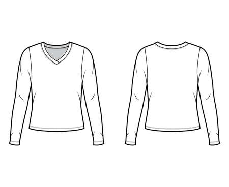 V-neck jersey sweater technical fashion illustration with long sleeves, oversized body. Flat outwear apparel template front back white color. Women men unisex shirt top CAD mockupのイラスト素材