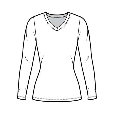V-neck jersey sweater technical fashion illustration with long sleeves, close-fitting shape, tunic length. Flat outwear apparel template front white color. Women men unisex shirt top CAD mockupのイラスト素材