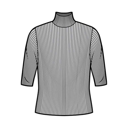 Turtleneck ribbed-knit sweater technical fashion illustration with elbow sleeves, oversized body. Flat sweater apparel template front, grey color. Women, men unisex shirt topのイラスト素材
