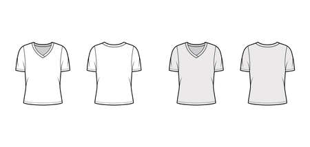 V-neck jersey t-shirt technical fashion illustration with short rib sleeves, oversized body. Flat sweater apparel template front, back white grey color. Women, men unisex outwear top CAD mockupのイラスト素材