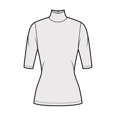 Turtleneck jersey sweater technical fashion illustration with elbow sleeves, close-fitting shape, tunic length. Flat outwear apparel template front grey color. Women men unisex top CAD mockupのイラスト素材
