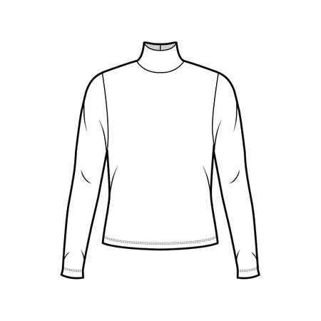 Turtleneck jersey sweater technical fashion illustration with long sleeves, oversized body. Flat outwear apparel template front white color. Women men unisex shirt top CAD mockupのイラスト素材