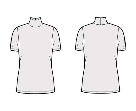 Turtleneck jersey sweater technical fashion illustration with short sleeves, oversized body tunic length. Flat outwear apparel template front back grey color. Women men unisex shirt top CAD mockupのイラスト素材