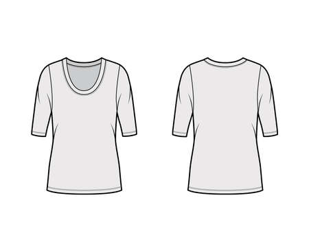 Scoop neck jersey shirt technical fashion illustration with elbow sleeves, oversized body, tunic length. Flat sweater apparel template front, back grey color. Women, men unisex outfit top mockupのイラスト素材