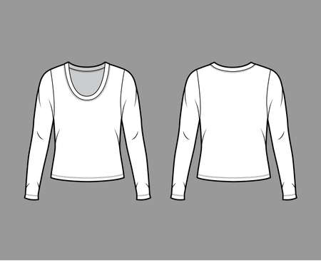 Scoop neck jersey sweater technical fashion illustration with long sleeves, oversized body. Flat shirt apparel template front back white color. Women men unisex outfit top CAD mockupのイラスト素材