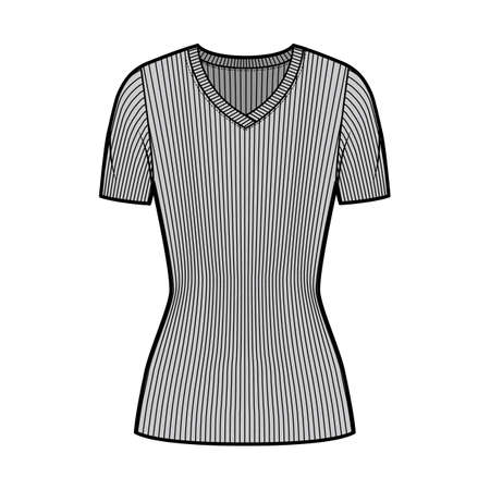 Ribbed V-neck knit sweater technical fashion illustration with short rib sleeves, tunic length. Flat outwear apparel template front, grey color. Women, men, unisex shirt top CAD mockupのイラスト素材
