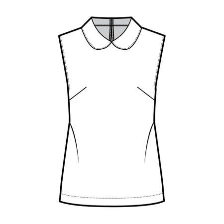Round collar blouse technical fashion illustration with loose silhouette, sleeveless, back button-fastening keyhole. Flat shirt apparel template front, white color. Women, men unisex top CAD mockupのイラスト素材