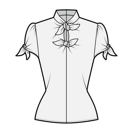 Knotted cutout blouse technical fashion illustration with high neckline, puffed volume sleeves, back zip fastening. Flat apparel template front, grey color. Women men unisex garment CAD mockupのイラスト素材