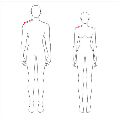 Women and men to do shoulder measurement fashion Illustration for size chart. 7.5 head size girl and boy for site or online shop. Human body infographic template for clothes.のイラスト素材