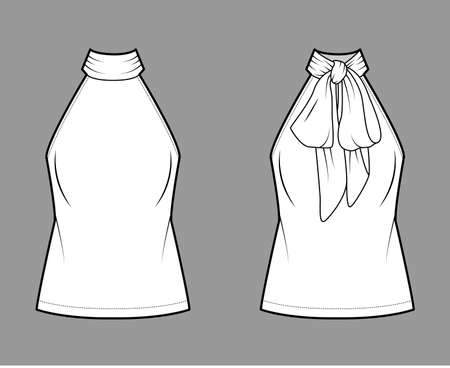 Halterneck top technical fashion illustration with semi-fitted body, ties pussy-bow at neck, sleeveless. Flat blouse apparel template front, back, white color. Women, men unisex shirt CAD mockupのイラスト素材