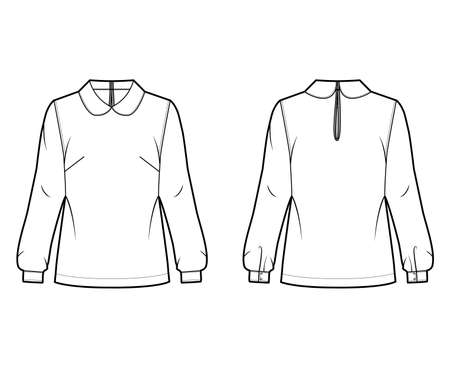 Round collar blouse technical fashion illustration with loose silhouette, long shirt sleeve, back button-fastening keyhole. Flat apparel template front back white color. Women, men unisex top mockupのイラスト素材
