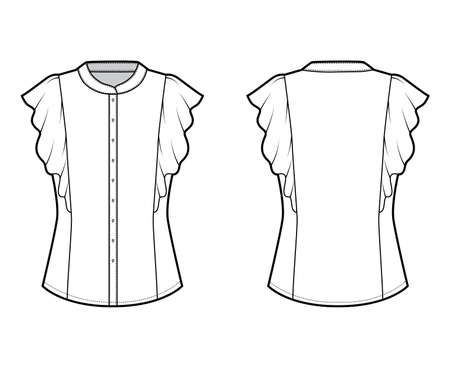 Shirt technical fashion illustration with fitted body, mandarin collar, front button fastenings, ruffled sleeves. Flat blouse apparel template front, back white color. Women, men unisex top CAD mockupのイラスト素材