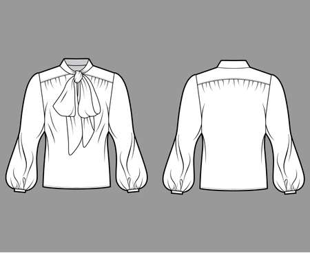 Pussy-bow blouse technical fashion illustration with oversized body, loose fit, long bishop sleeves. Flat apparel shirt template front, back white color. Women, men and unisex mockup CAD for designerのイラスト素材